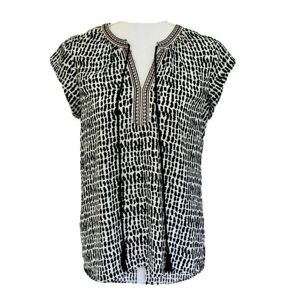 Daniel Rainn Black White Blouse Cap Sleeves Embroidered Trim V Neck Small